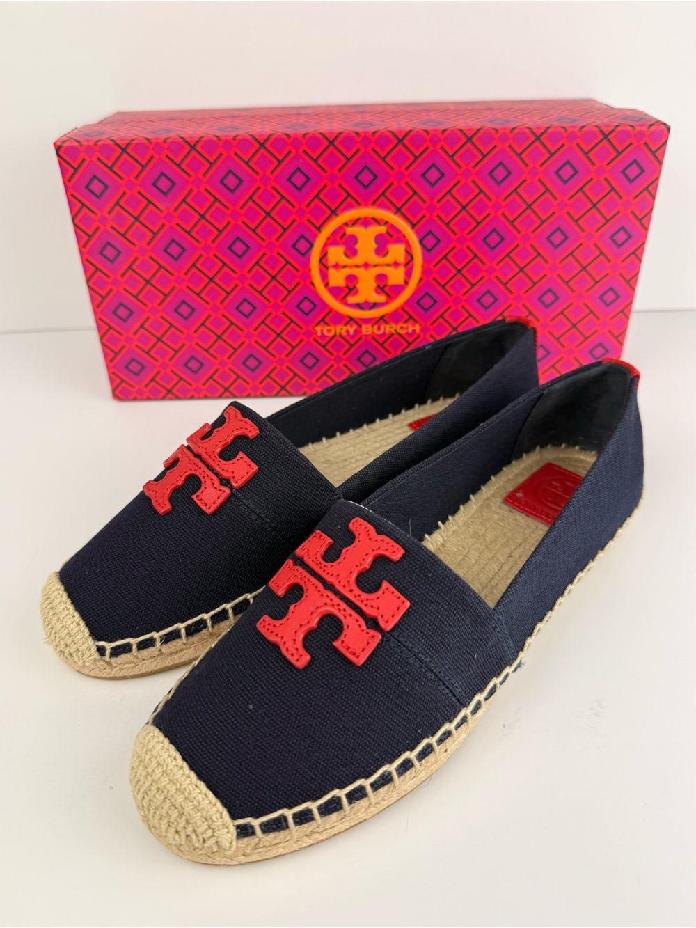 Tory Burch Weston Flat Espadrille Canvas Navy Red Logo Slip On Shoes Size 7.5